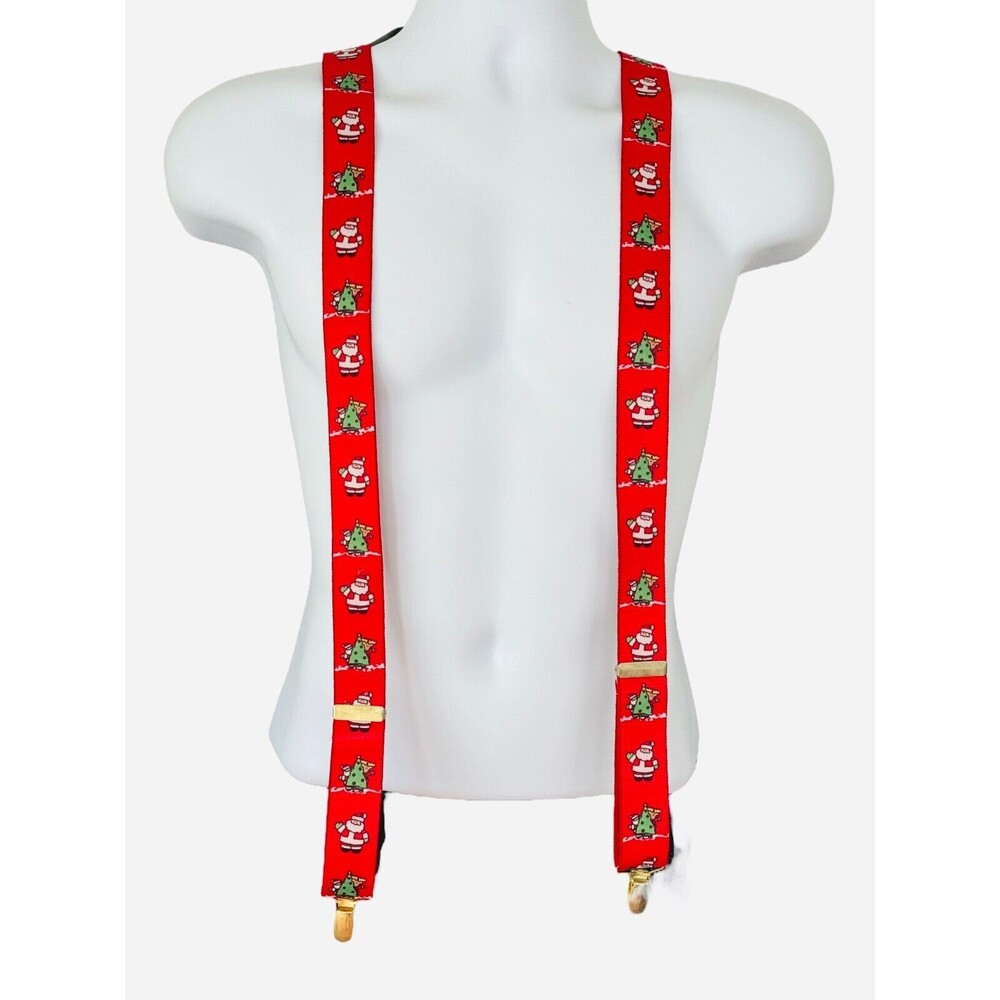 Santa Claus Men Christmas 1" Red Suspenders Gold Tone Clip On Made in Germany